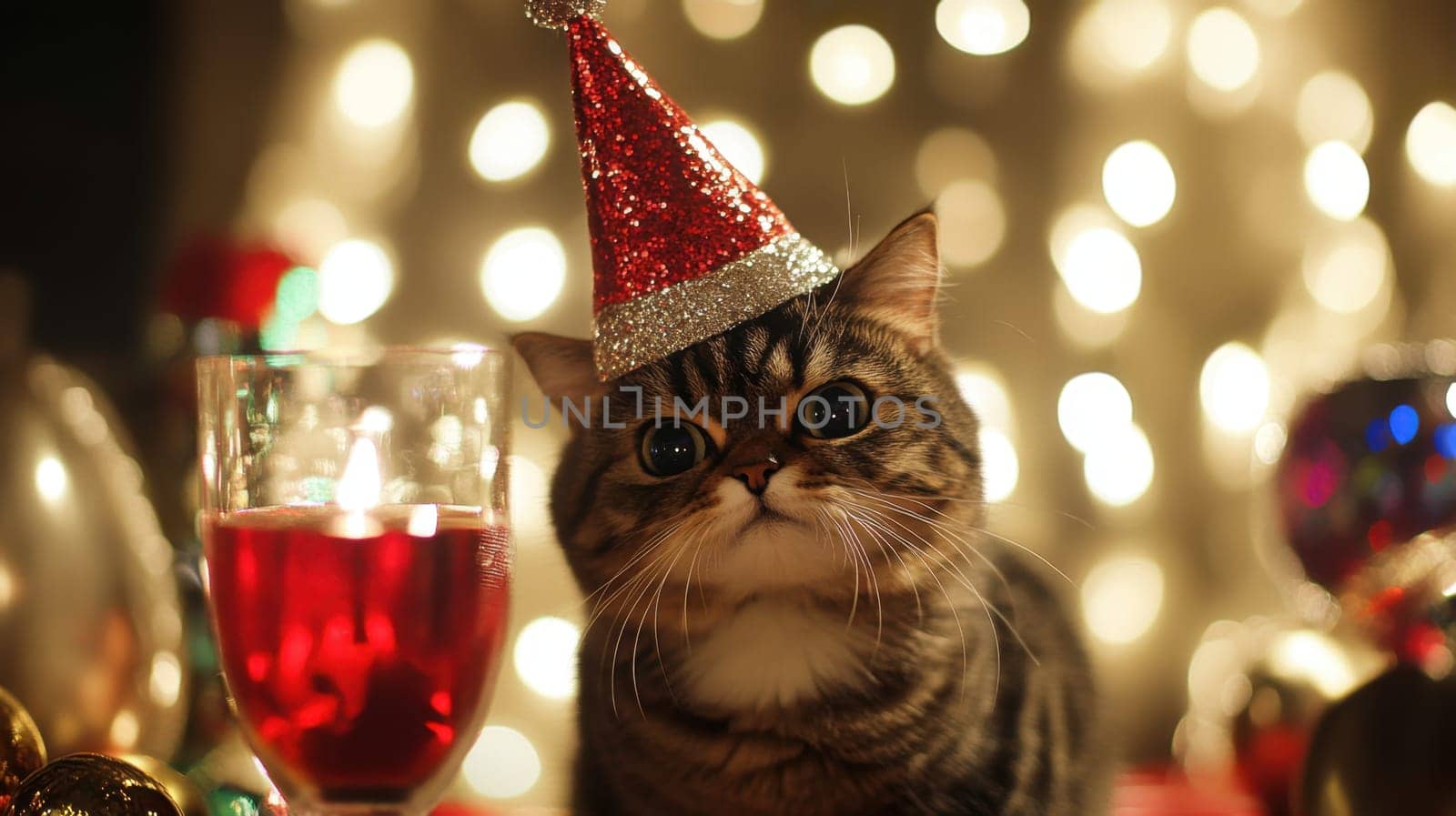 A playful cat adorned with a shiny party hat sits beside a glass of red drink enjoying the festive atmosphere of the holiday season.