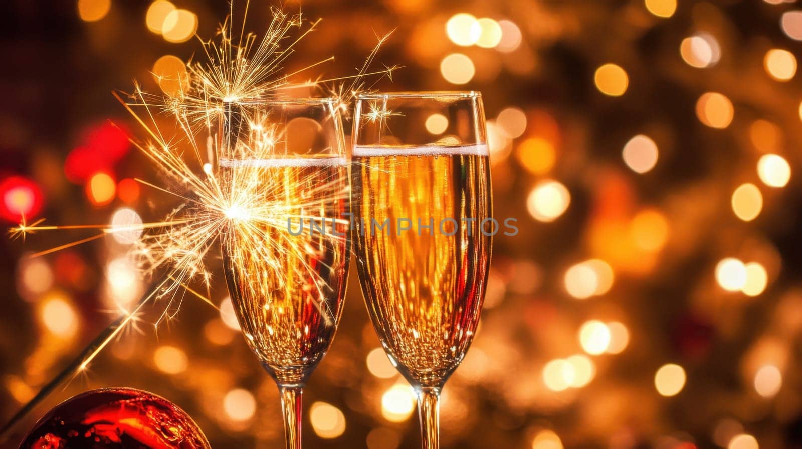 Two glasses filled with sparkling beverage are raised together with sparklers illuminating a festive background of lights.
