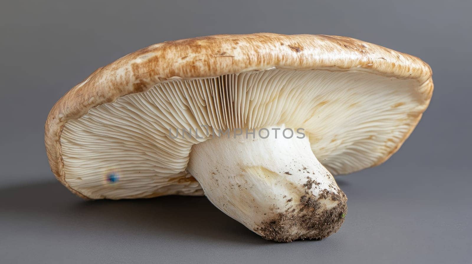 A sizable mushroom showcases its textured cap and gills against a plain backdrop highlighting its natural beauty and freshness.