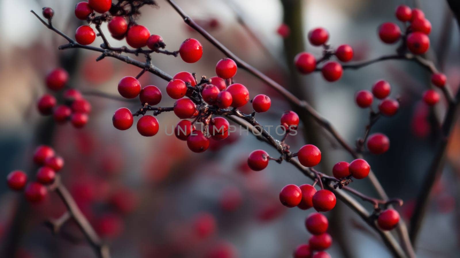 Red berries cluster on bare branches illuminated by soft sunlight creating a vibrant contrast in the winter landscape.