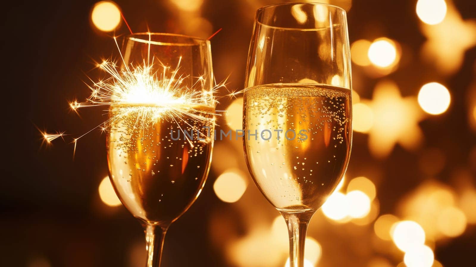 Two glasses filled with sparkling beverage celebrating the New Year amidst twinkling lights and festive atmosphere.