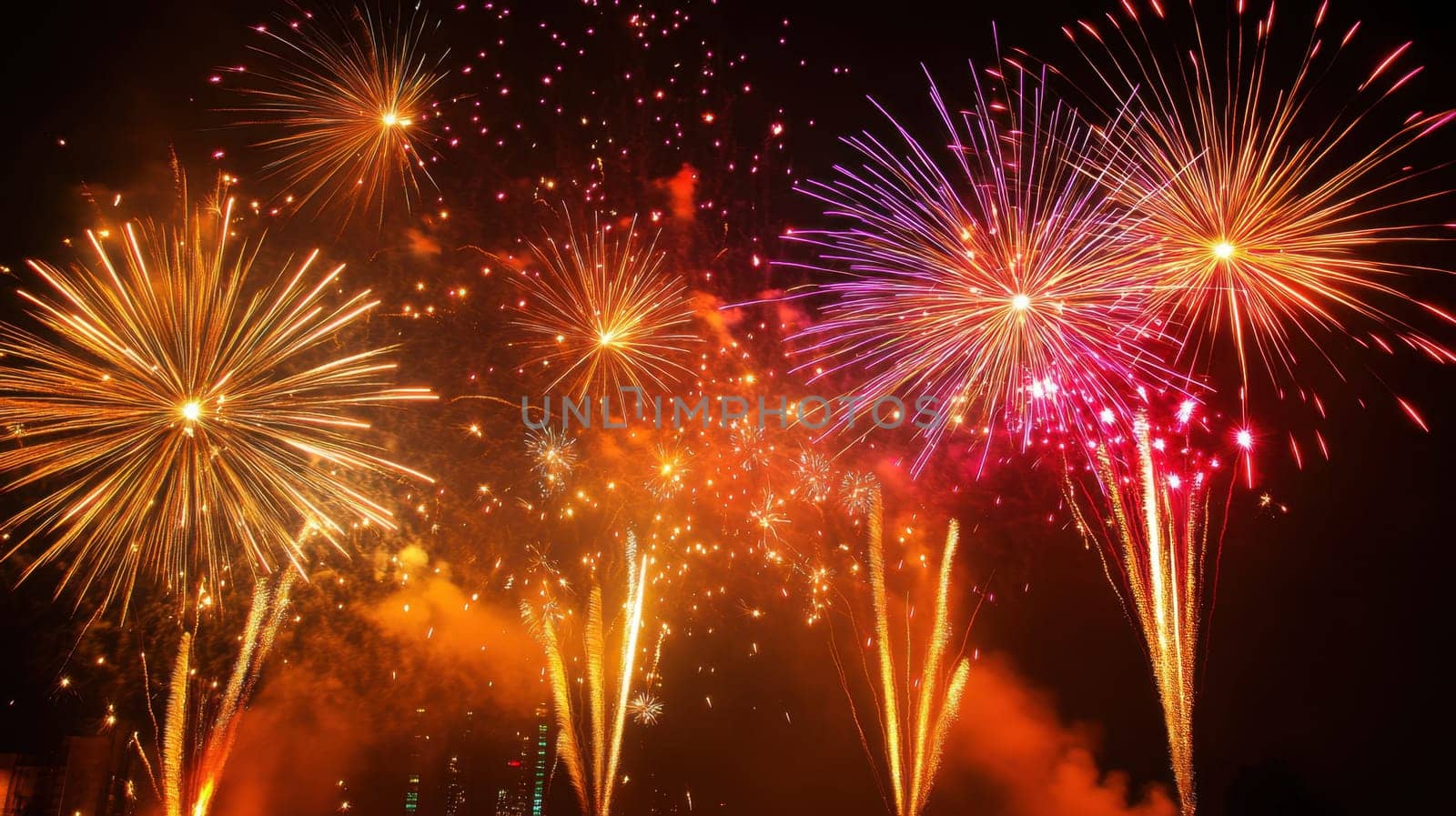 Bright fireworks light up the dark sky creating a vibrant display during a festive celebration in the evening.