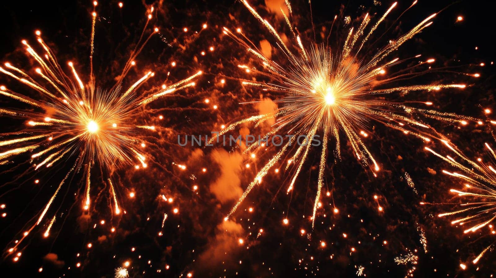 Bright fireworks burst in various colors above the crowd creating a festive atmosphere during a nighttime celebration.