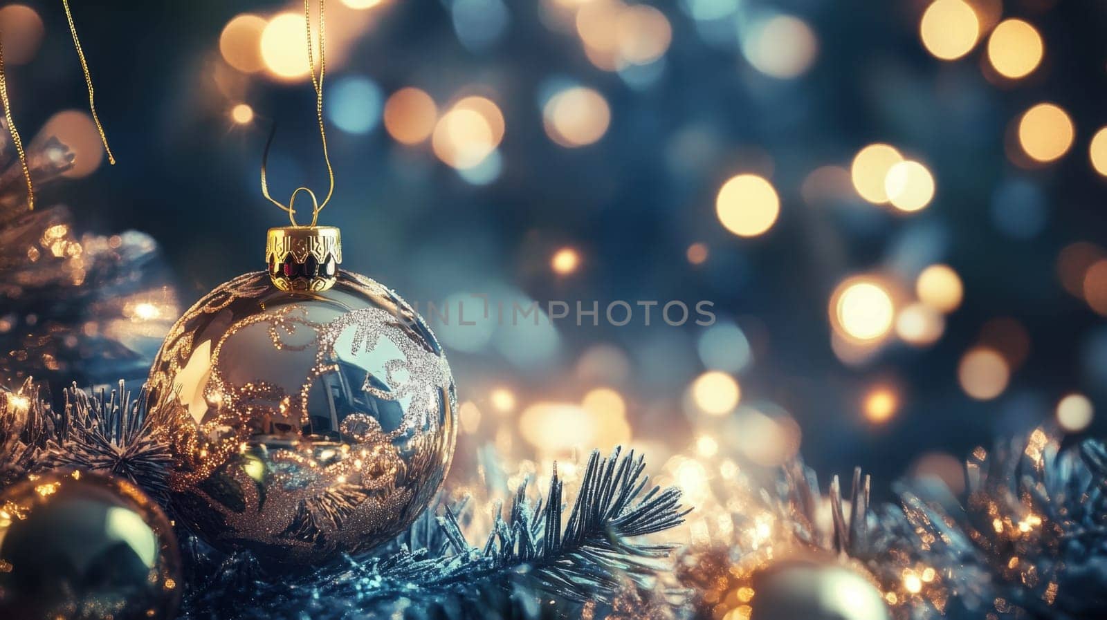 A glowing Christmas ornament hangs gracefully among twinkling lights and tinsel creating a festive atmosphere during the holiday season.