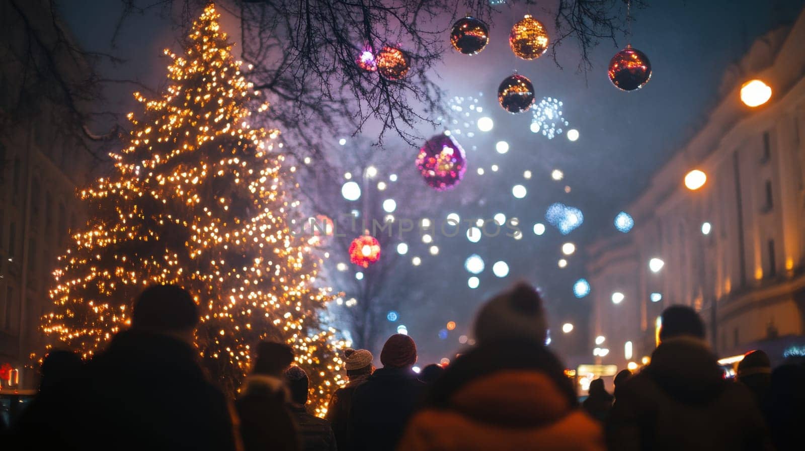 People gather in the city park to enjoy a festive Christmas celebration with a beautifully lit tree and colorful fireworks illuminating the night.
