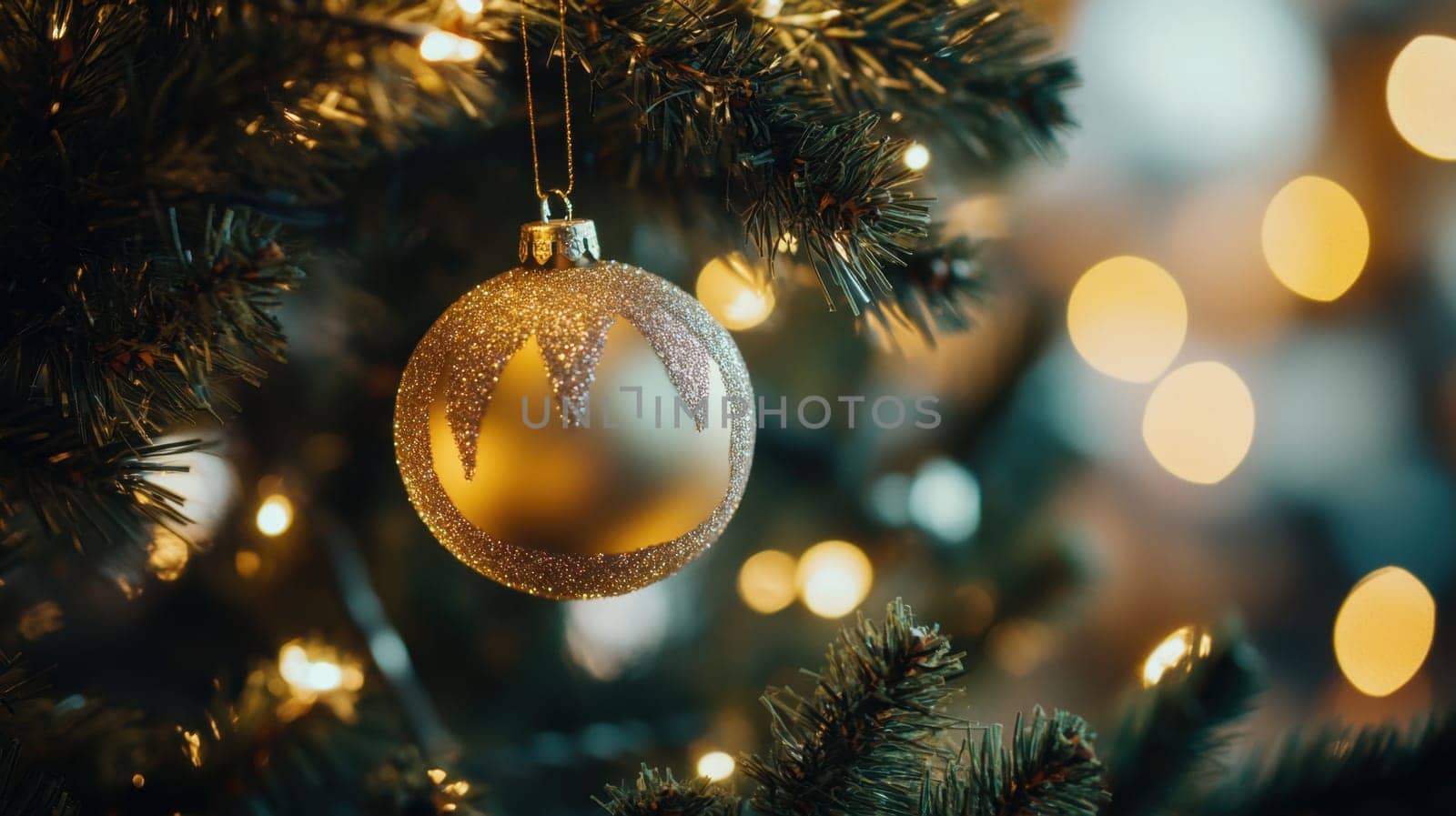 A gold ornament with glitter hangs delicately on a Christmas tree surrounded by glowing lights creating a warm holiday atmosphere.