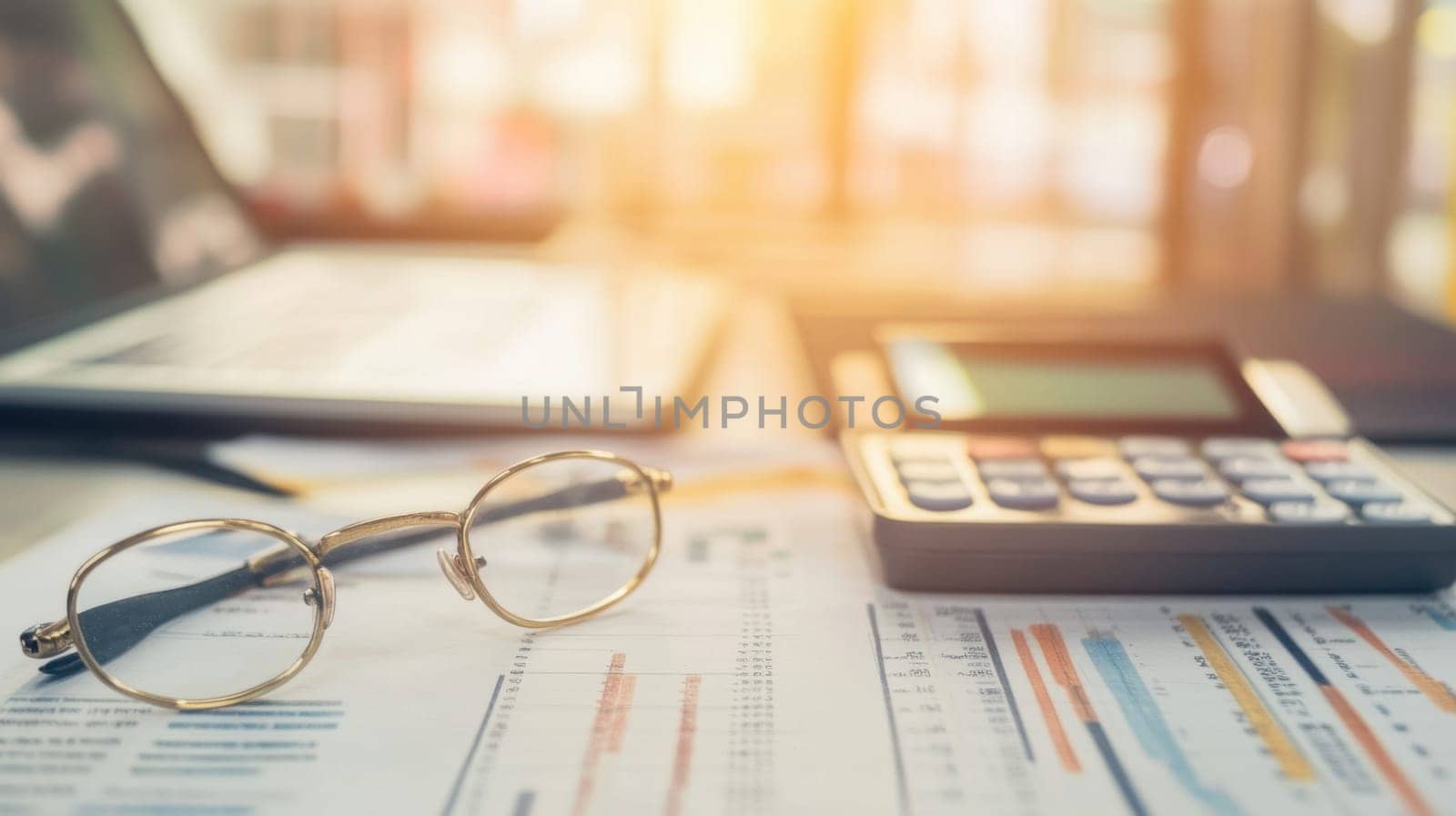 A calculator rests next to glasses and financial documents as sunlight streams into a modern office indicating a busy work environment.