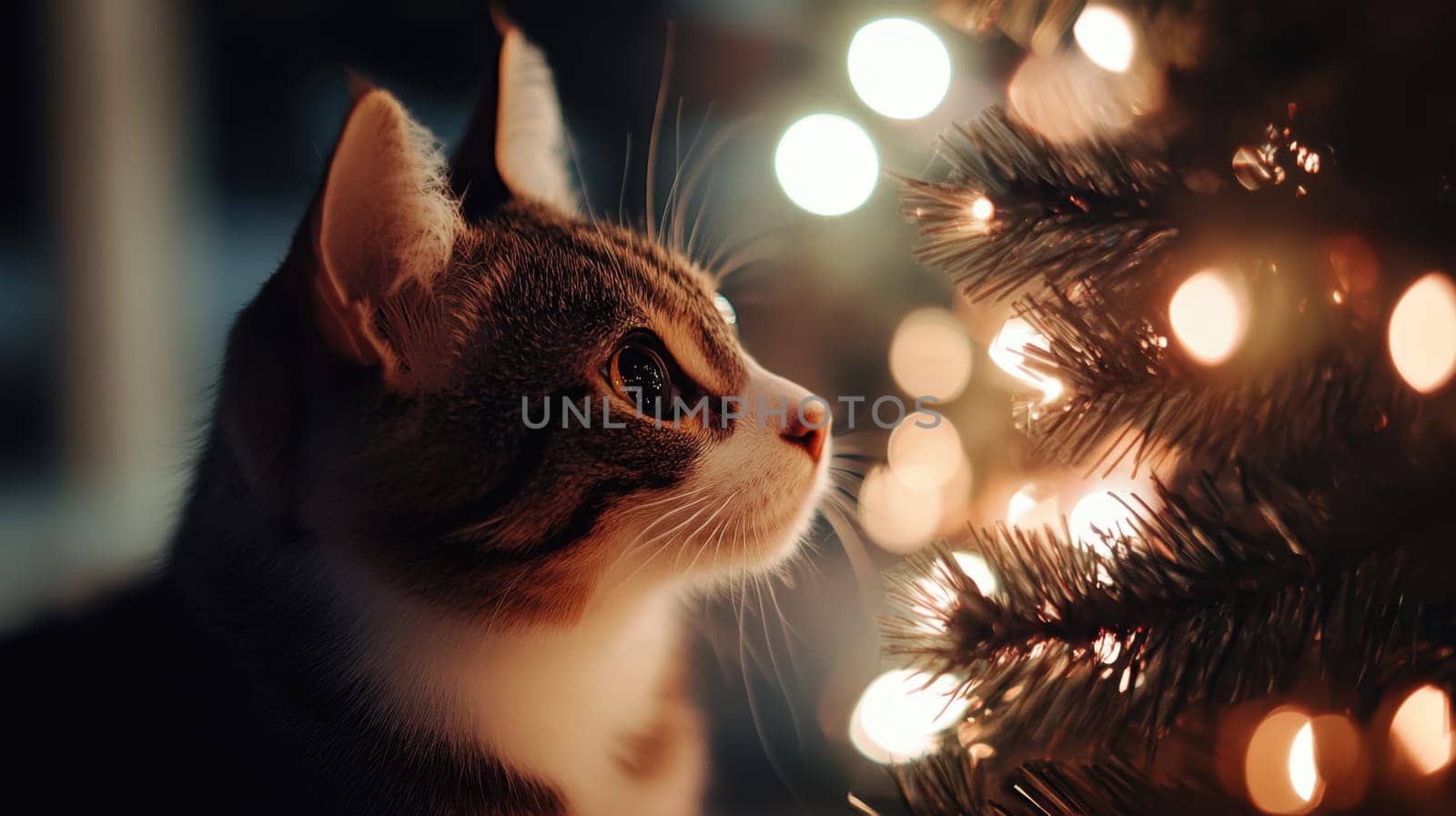 A curious cat admires the twinkling lights on a Christmas tree in a warm inviting room during the holiday season.