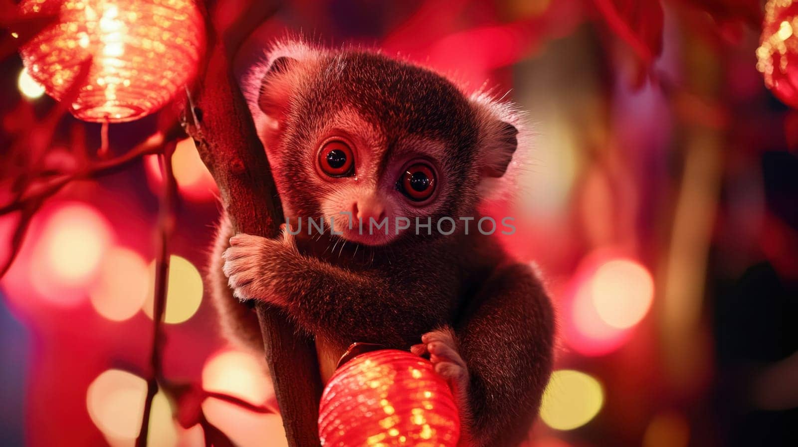 A young monkey clings to a tree branch illuminated by colorful lanterns creating a vibrant atmosphere during a night celebration.