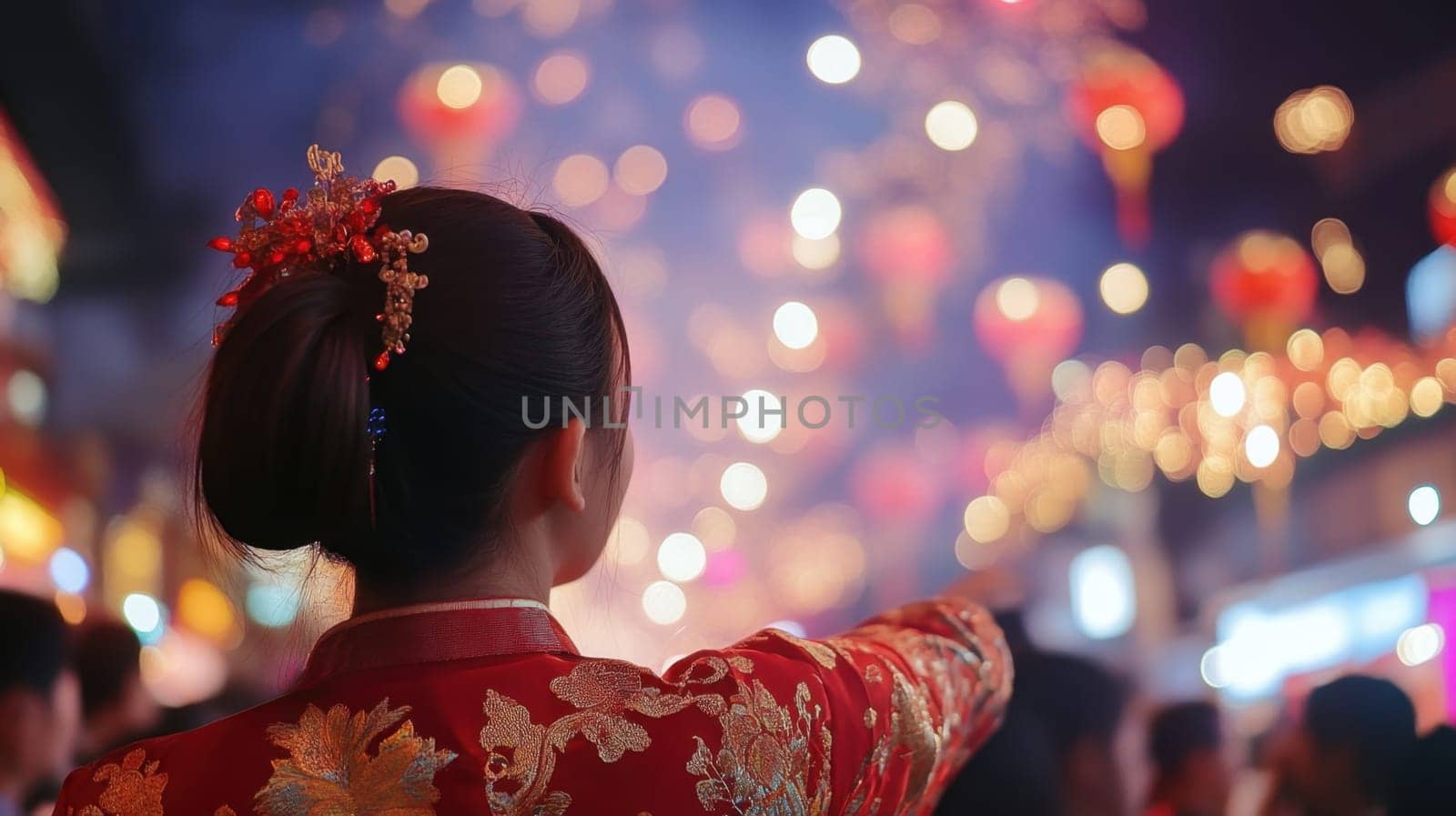 A person dressed in colorful traditional clothing gestures towards glowing lanterns during a festive evening celebration.
