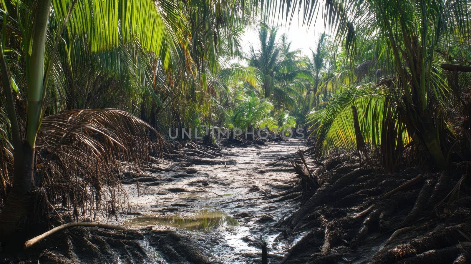 A winding muddy trail through a dense tropical landscape filled with palm and other lush vegetation under bright sunlight.