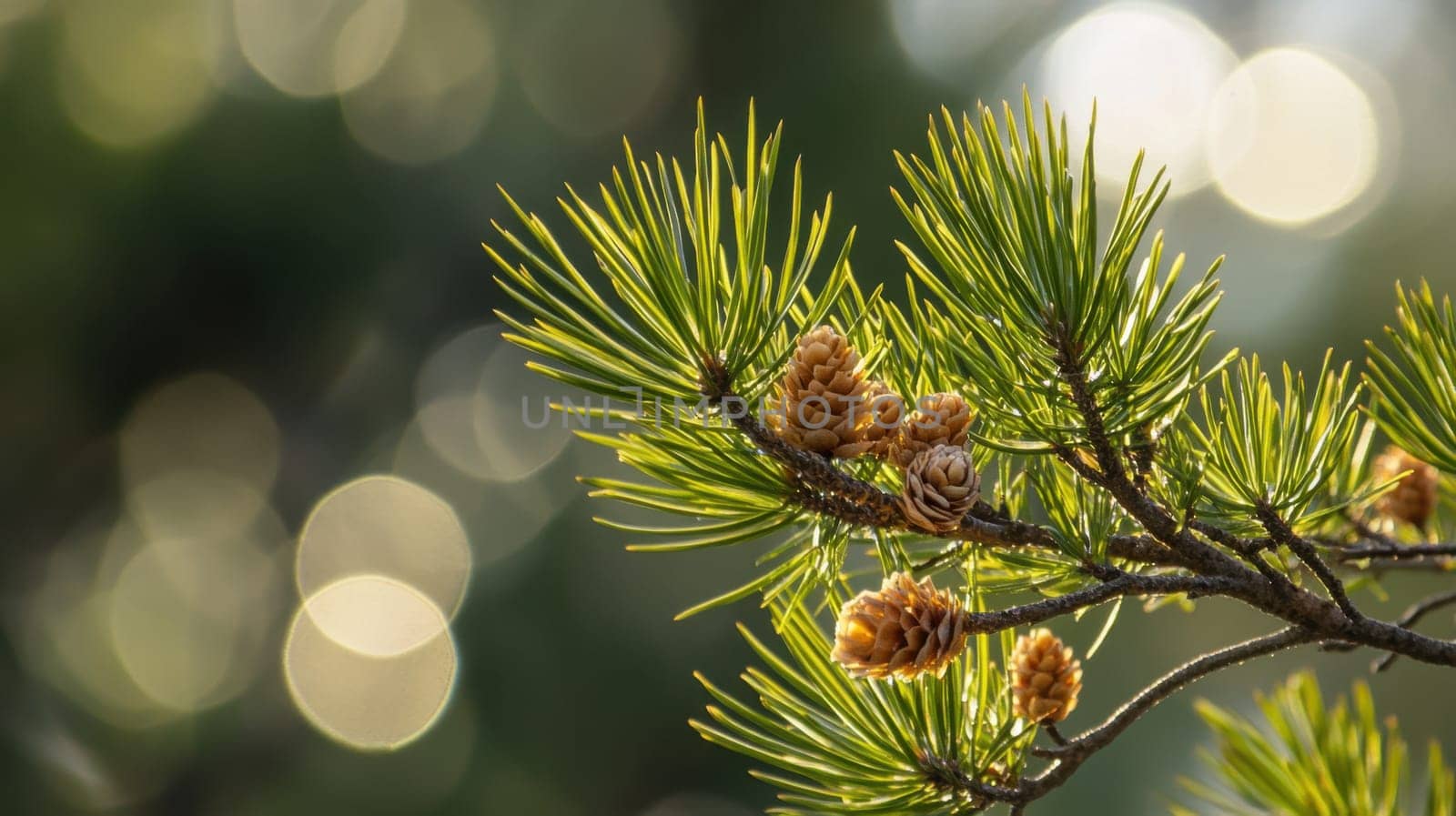 A vibrant pine branch displays fresh green needles and small pine cones illuminated by soft daylight and shimmering background bokeh.
