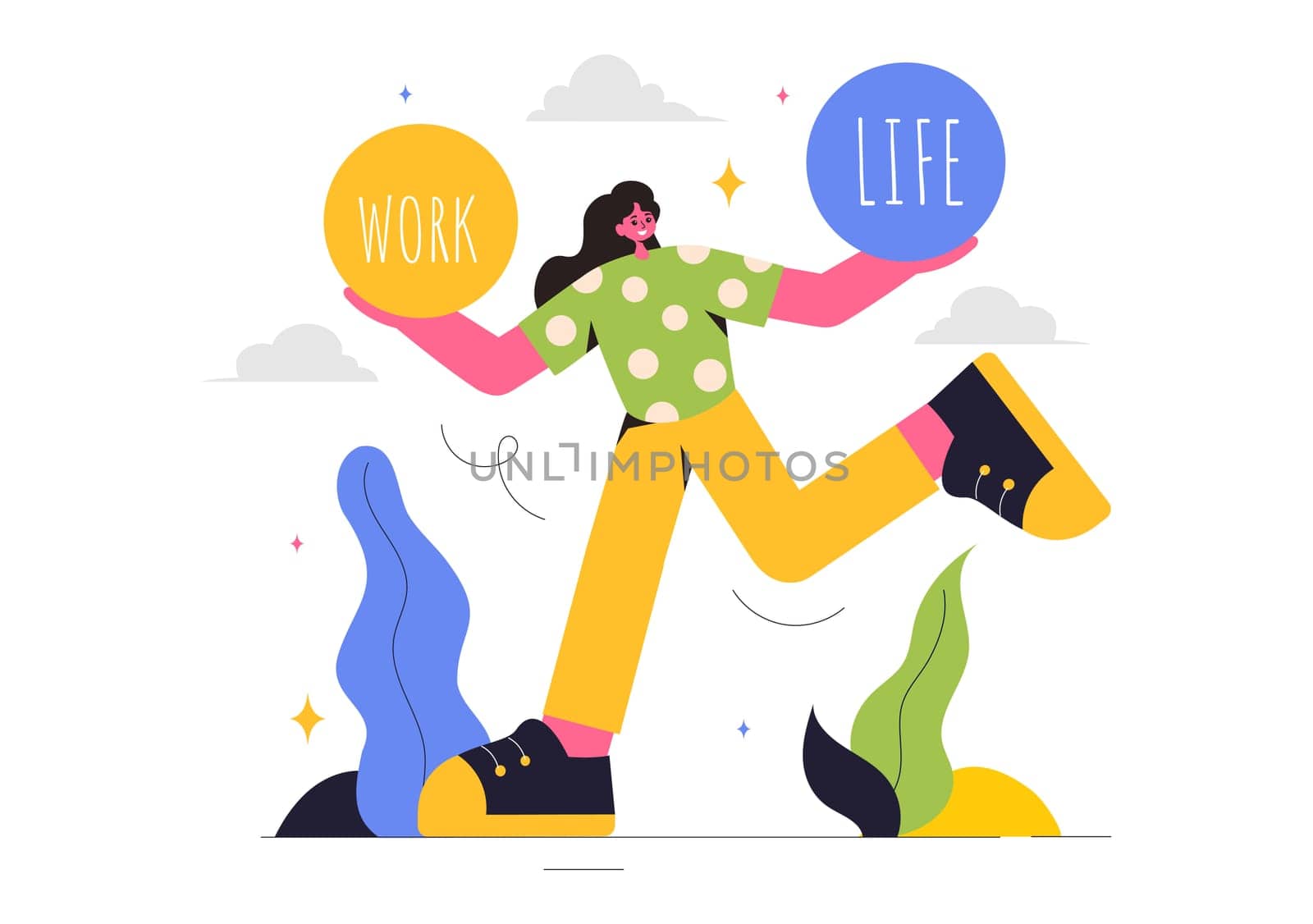 Work Life Balance Vector Illustration of a Person Balancing Job, Family and Leisure Activities in a Multitasking Flat Style Cartoon Background