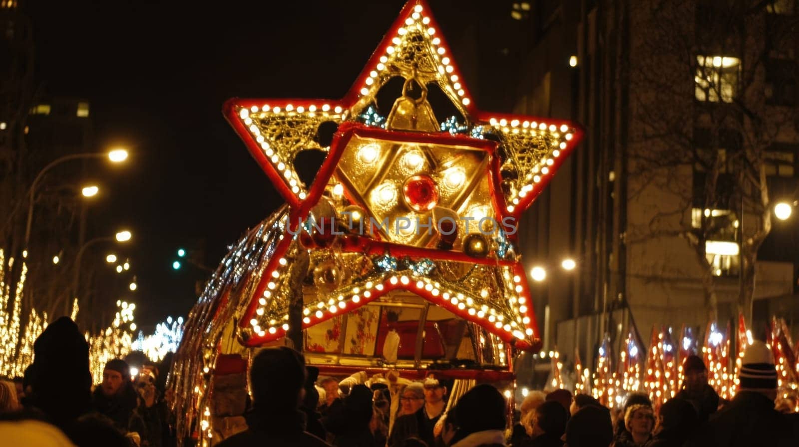 A lively parade showcasing a brightly lit star themed float surrounded by cheering crowds in a bustling urban setting during evening festivities.