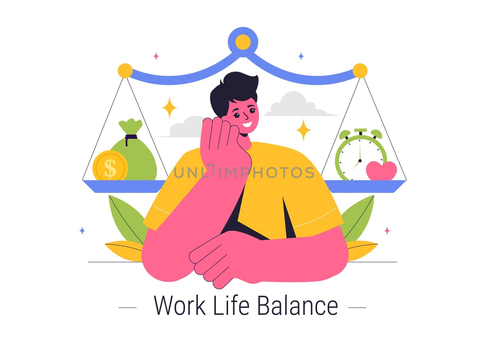 Work Life Balance Vector Illustration of a Person Balancing Job, Family and Leisure Activities in a Multitasking Flat Style Cartoon Background