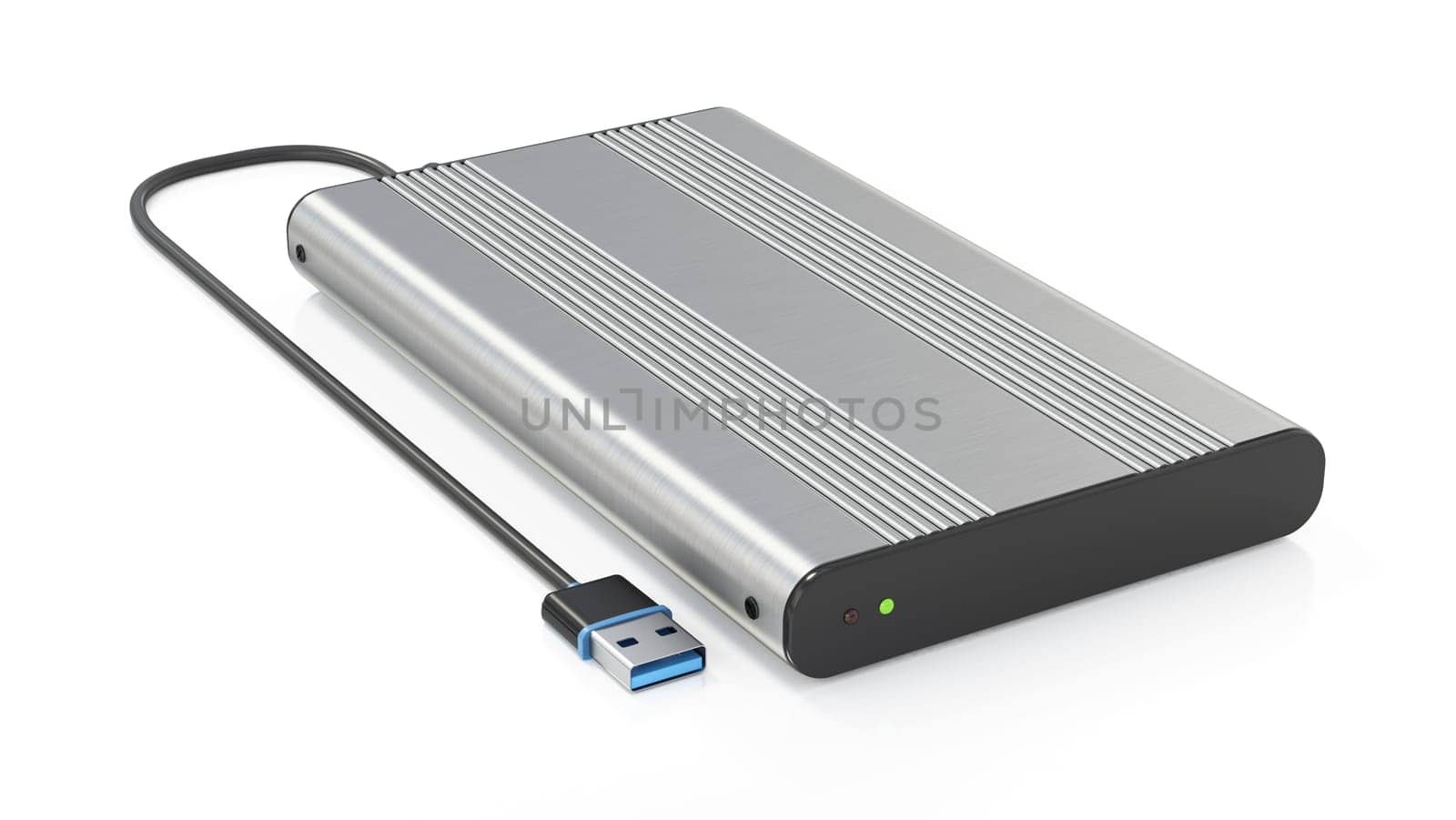 External storage unit with USB cable isolated on white background. 3D illustration.