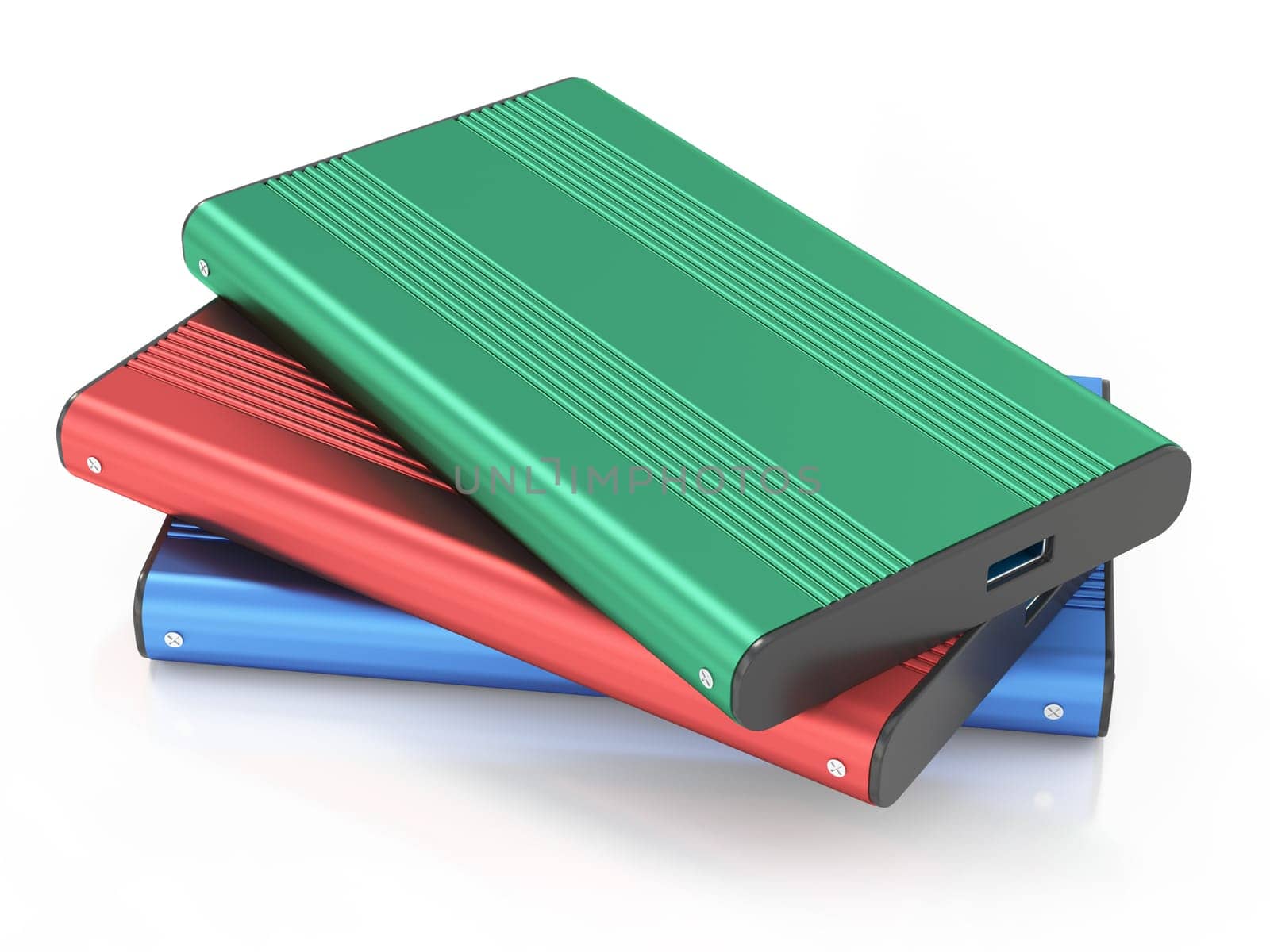 External storage units with USB cable isolated on white background. 3D illustration.