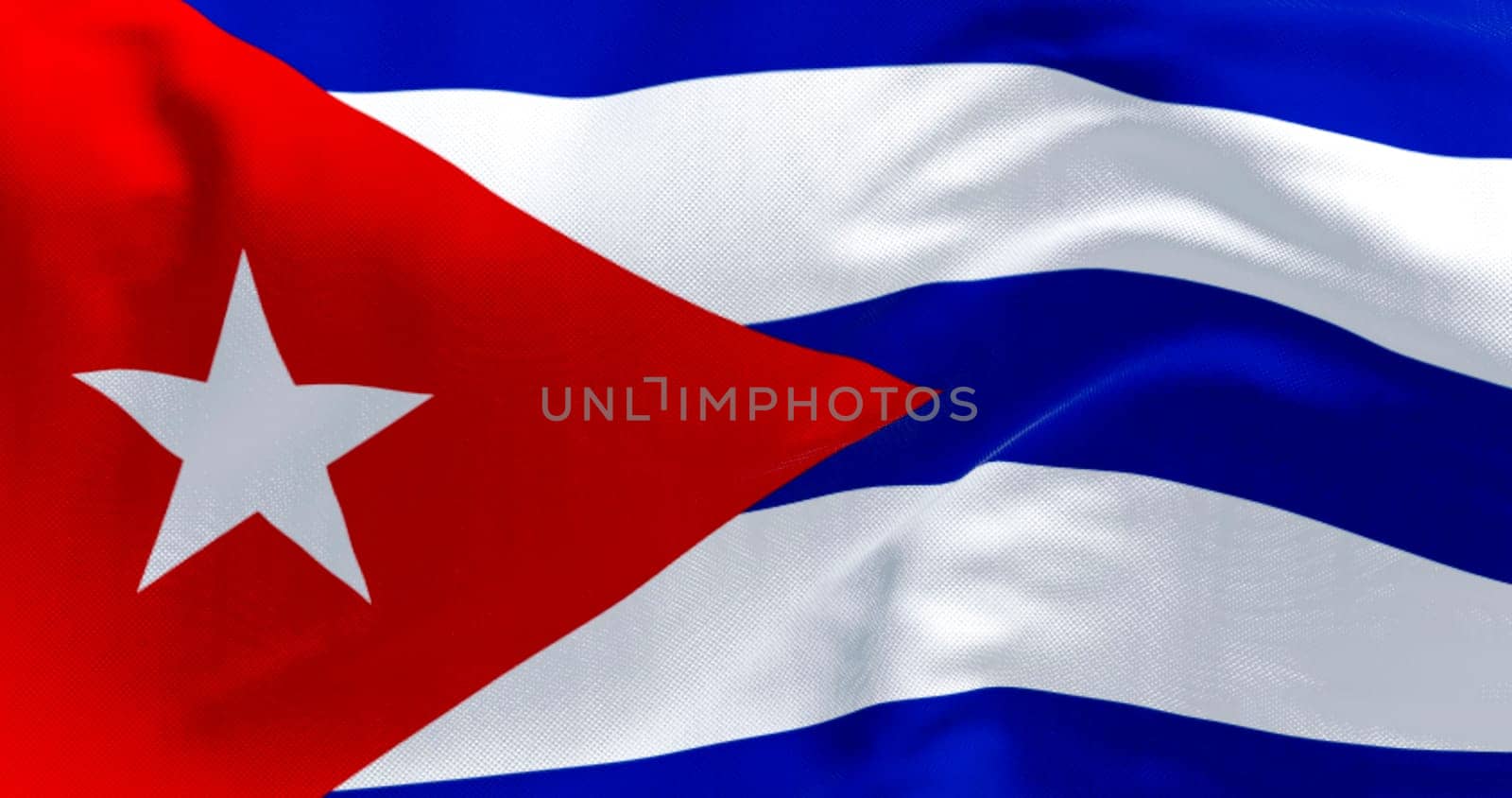 Close-up of Cuba national flag waving in the wind. Five blue and white stripes, a red triangle at the hoist with a white star. Latin american country. 3d illustration render. Fluttering fabric.