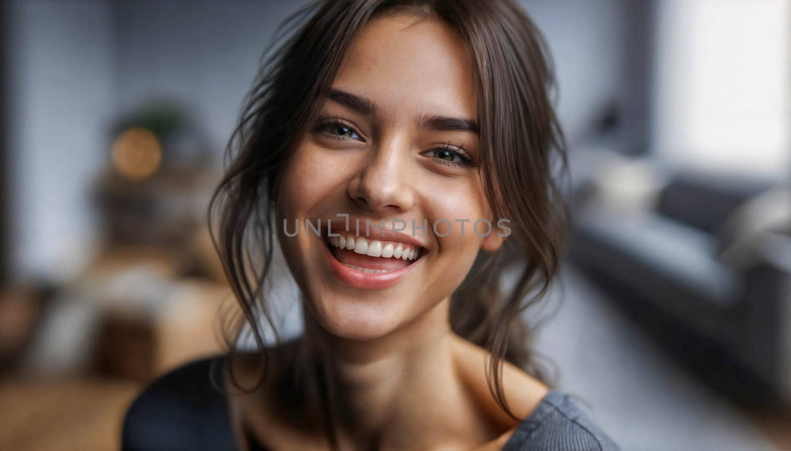 A young brunette woman smiling with a joyful expression indoors. The image captures her natural beauty and positive energy, conveying happiness and warmth in a casual setting.