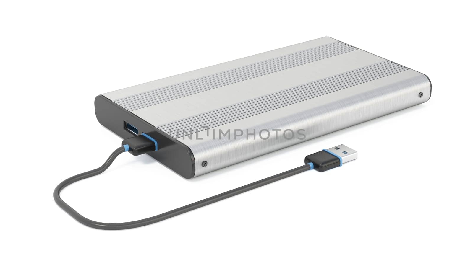External storage unit with USB cable isolated on white background. 3D illustration.
