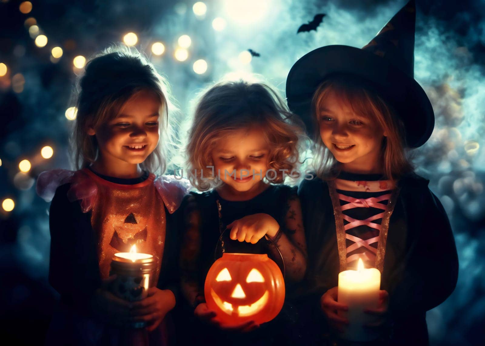 Three girls dressed in Halloween costumes holding lit candles, illuminated by a carved pumpkin. The scene captures the festive and mysterious atmosphere of Halloween night.
