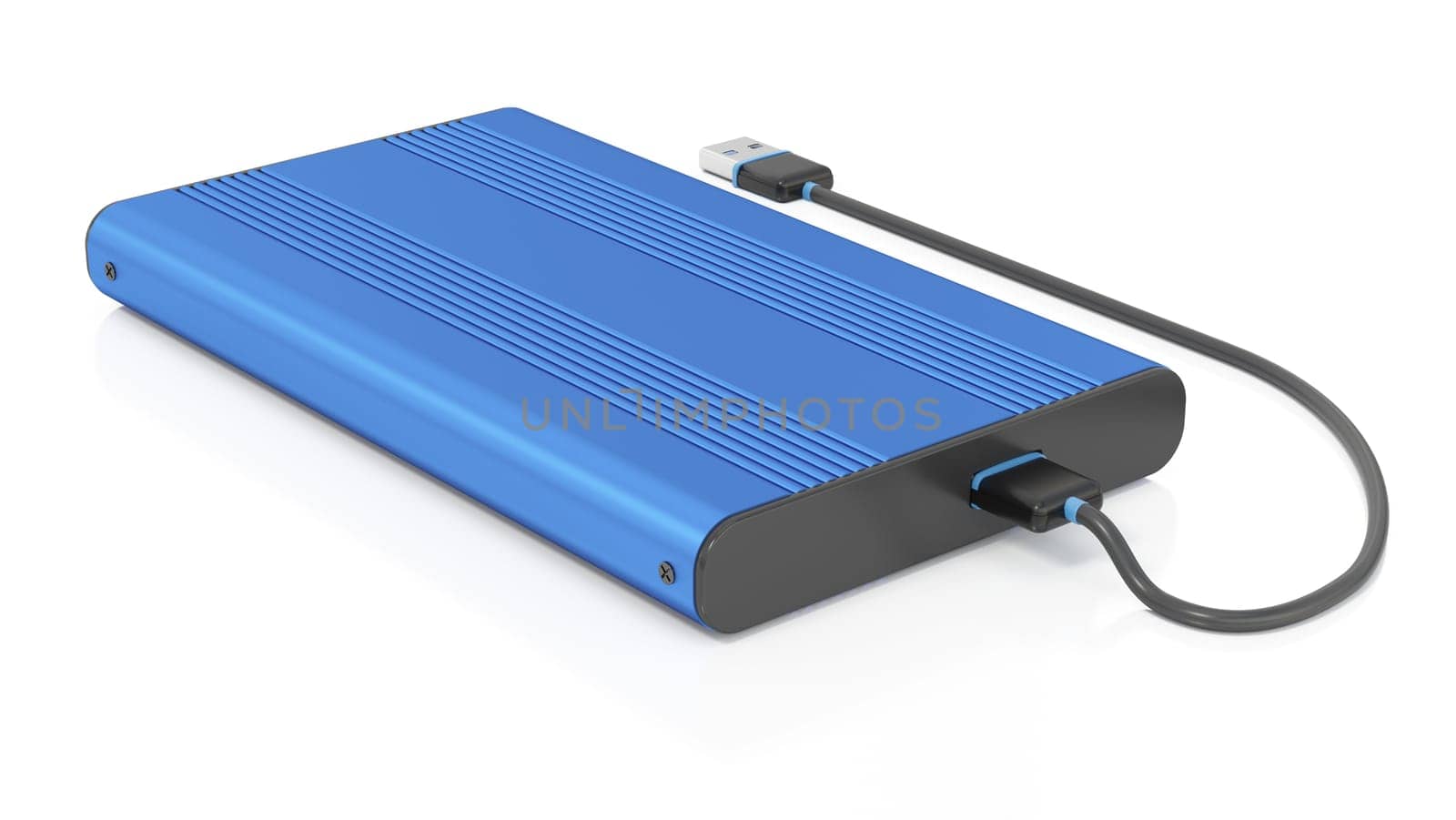 External storage unit with USB cable isolated on white background. 3D illustration.