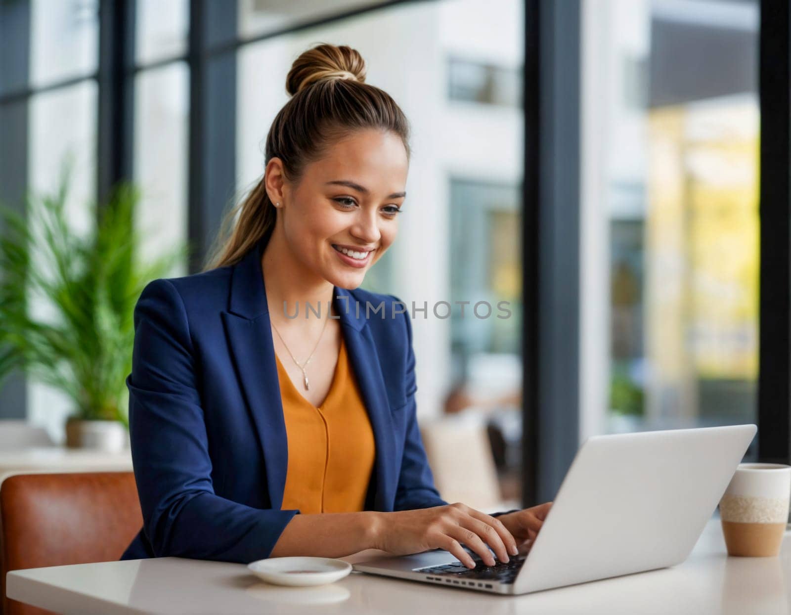 A young professional woman smiling while working on her laptop in a modern office. The image conveys productivity, positivity, and a bright and comfortable work environment.