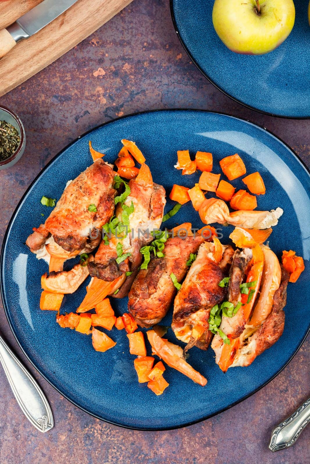 Delicious meatloaves stuffed with apples and sweet potatoes. German cuisine.