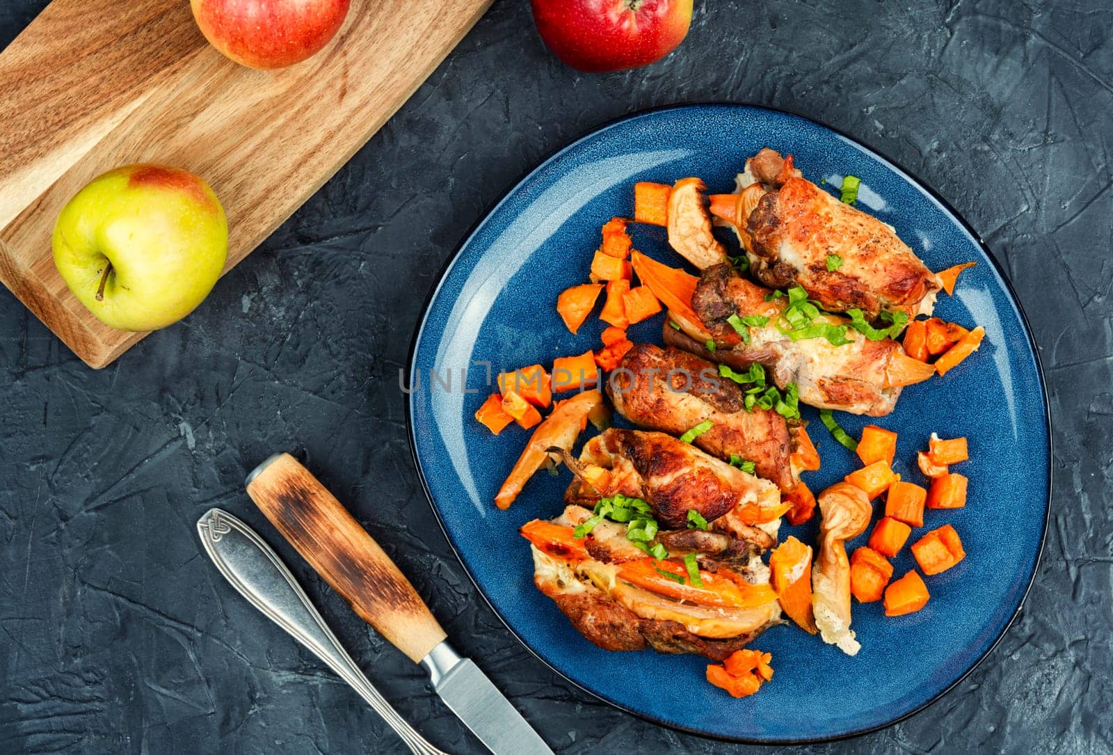 Delicious meatloaves stuffed with apples and sweet potatoes. German cuisine.