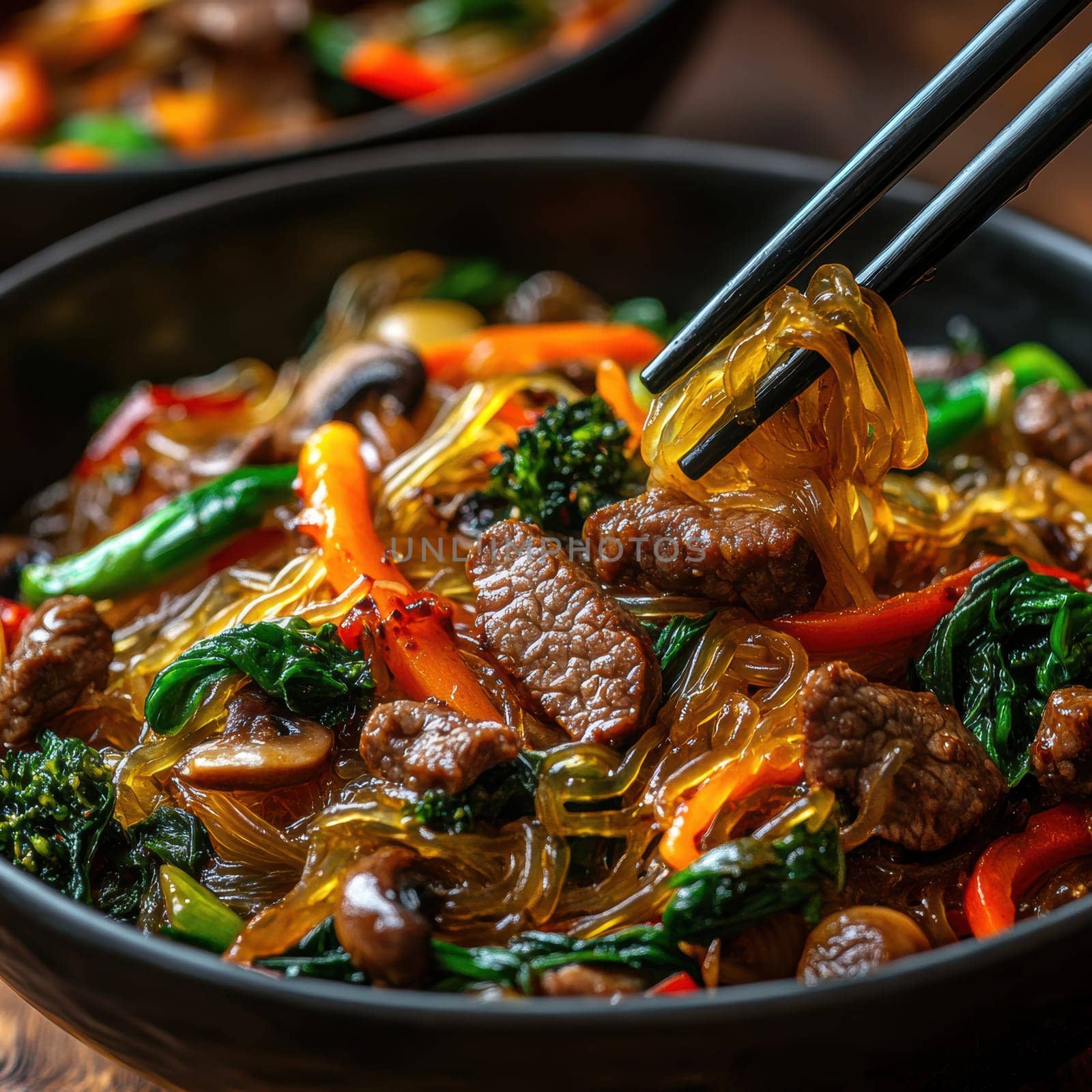Glass noodles with vegetables and beef. AI generative.