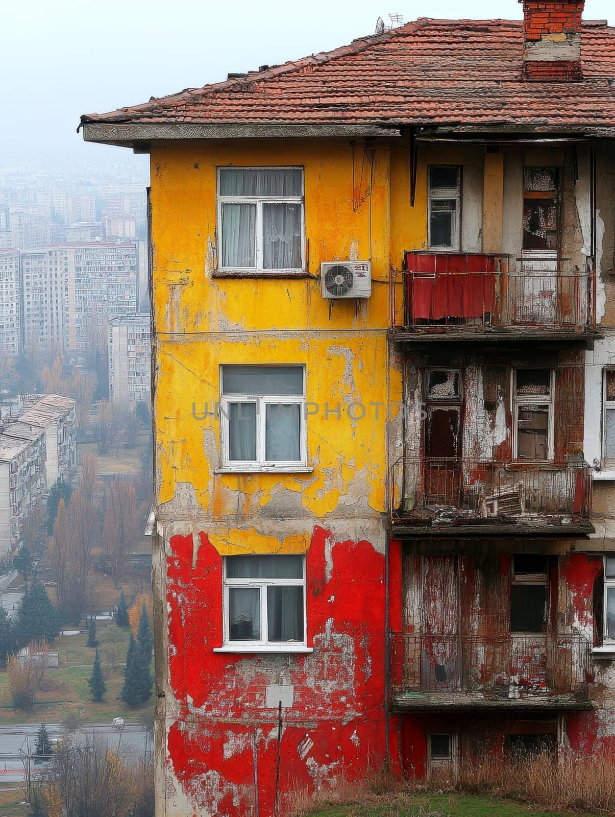 Eastern European apartment blocks. AI generative.