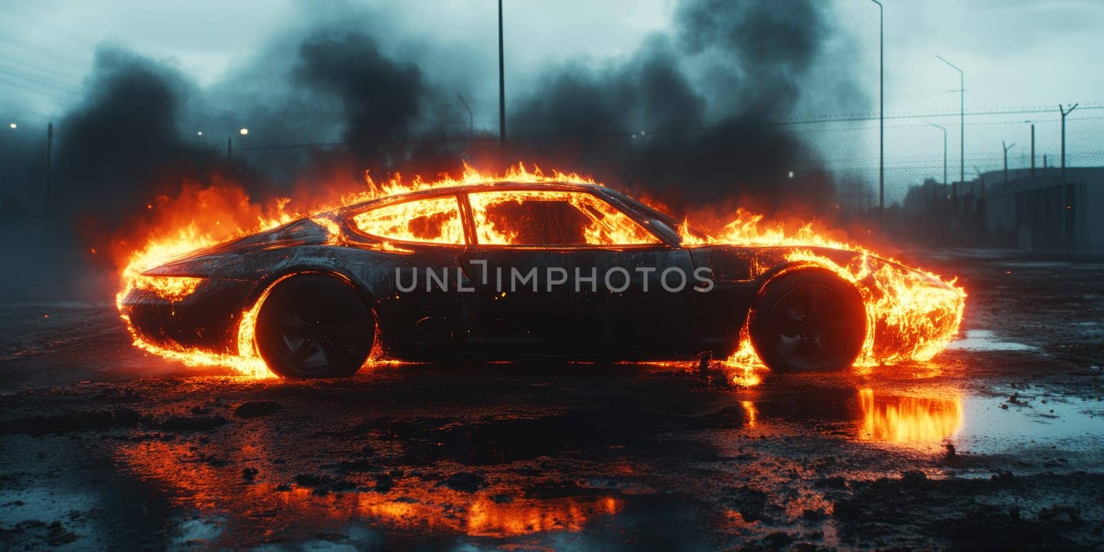 electric car engulfed in flames. AI generative.