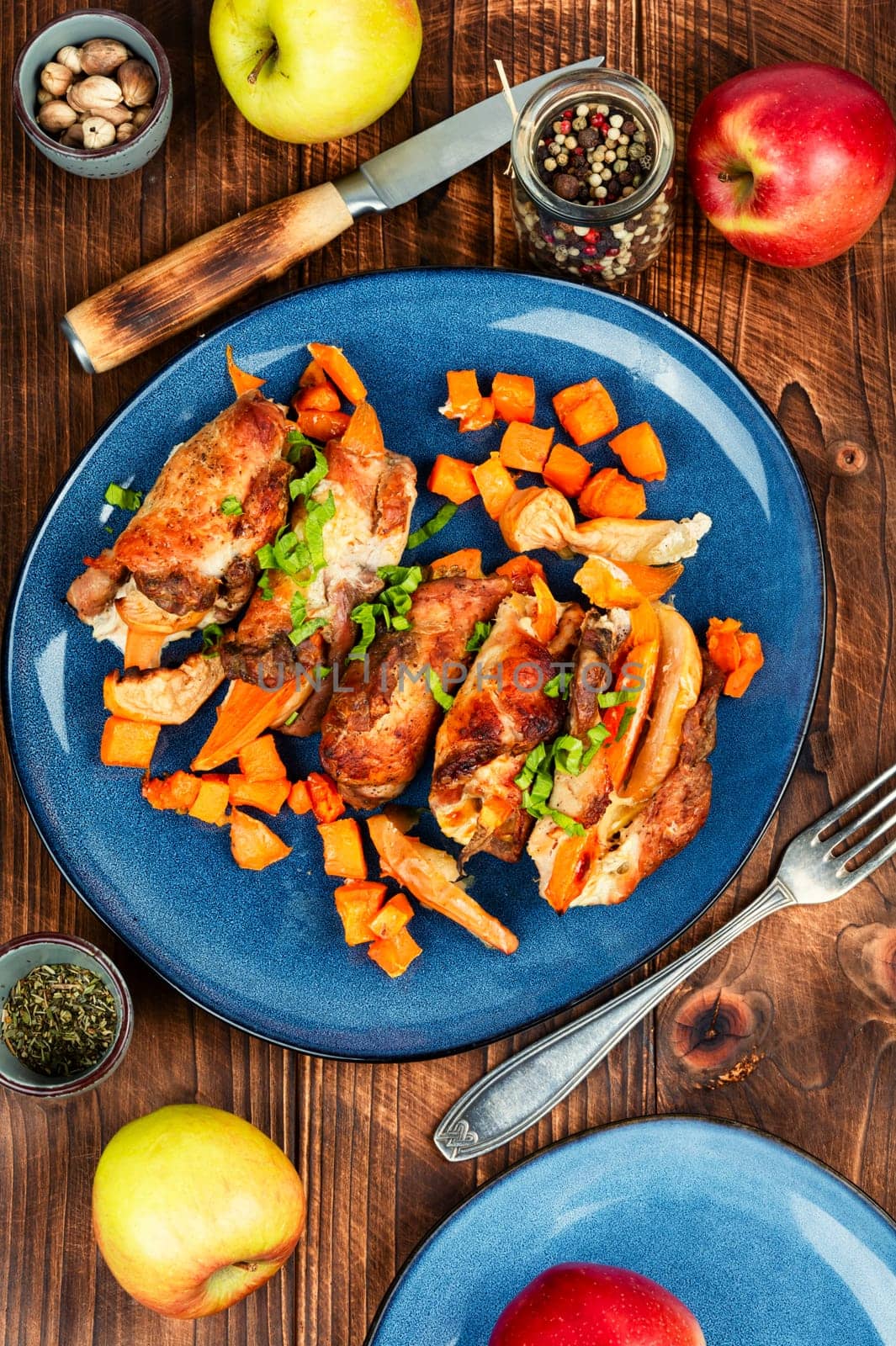 Delicious meatloaves stuffed with apples and sweet potatoes. German cuisine.