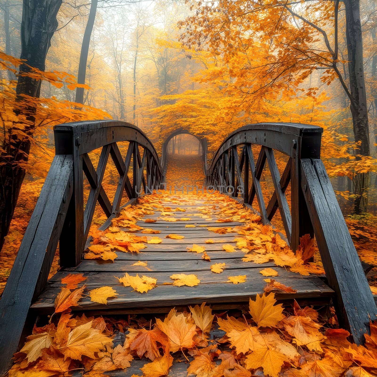 Red wooden bridge, autumn maple leaves. AI generative.