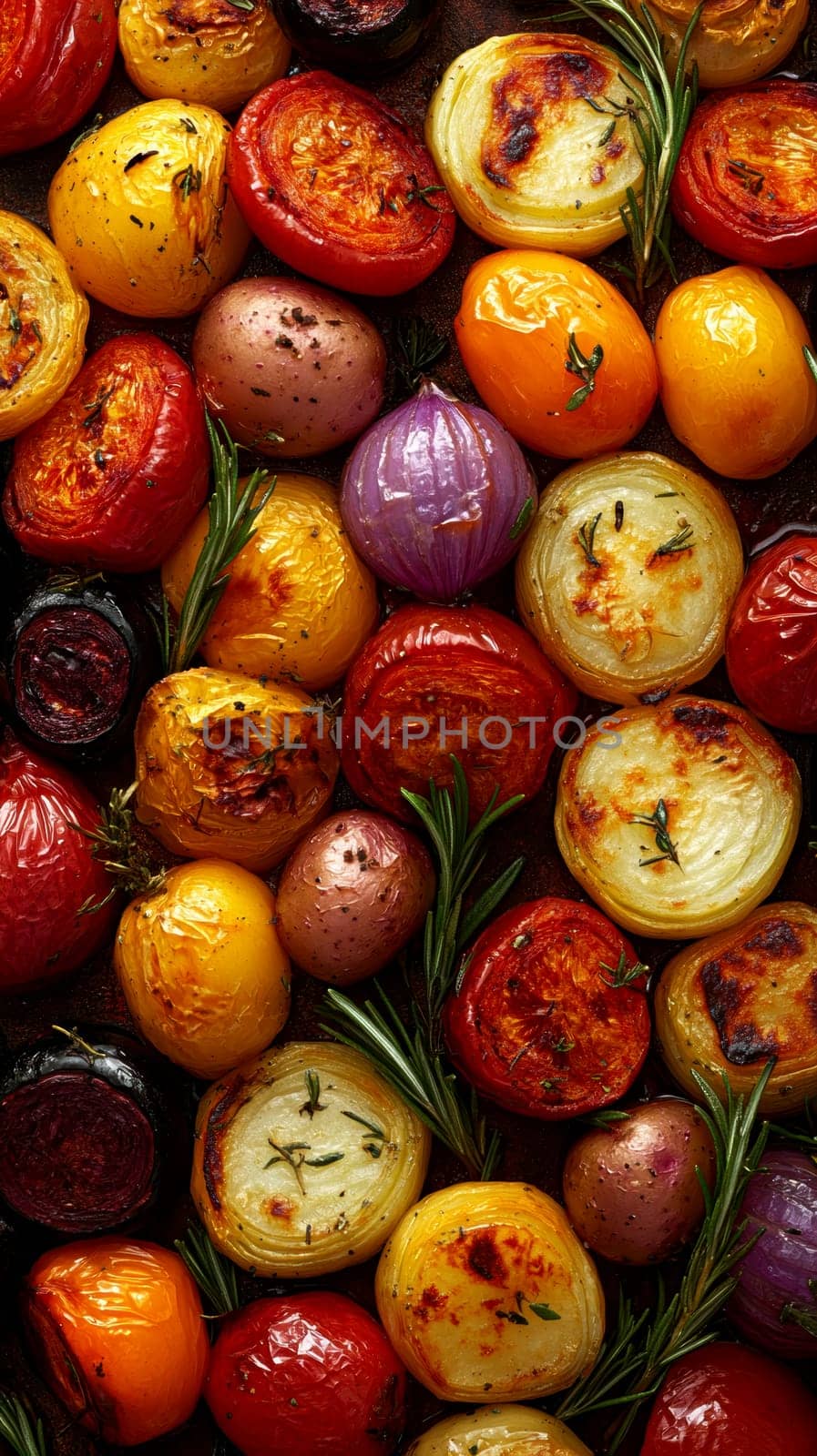 a rustic baking sheet filled with freshly roasted vegetables, including colorful peppers, onions, potatoes, zucchini and whole garlic cloves. Ai generative.