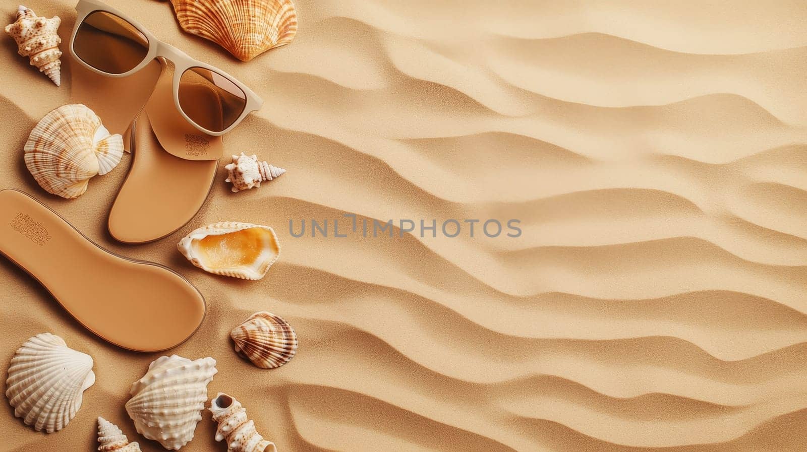 Sunglasses, seashells, and flip flops arranged on wavy sand background with copy space for summer vacation concept.