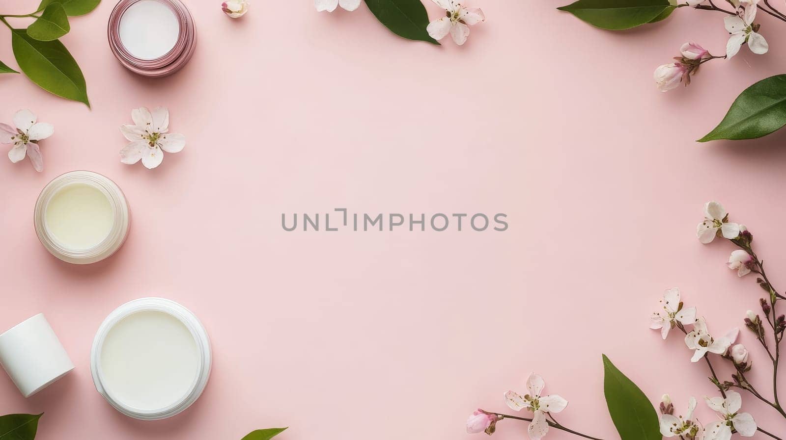 Cosmetic jars with cherry blossom flowers and green leaves arranged on pink background with copy space for skincare concept.