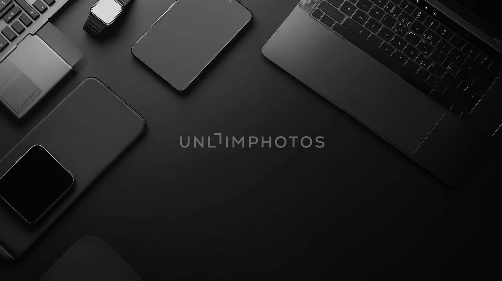 Sleek black electronic devices including laptop, tablet, and smartphone arranged on dark surface with ample copy space.