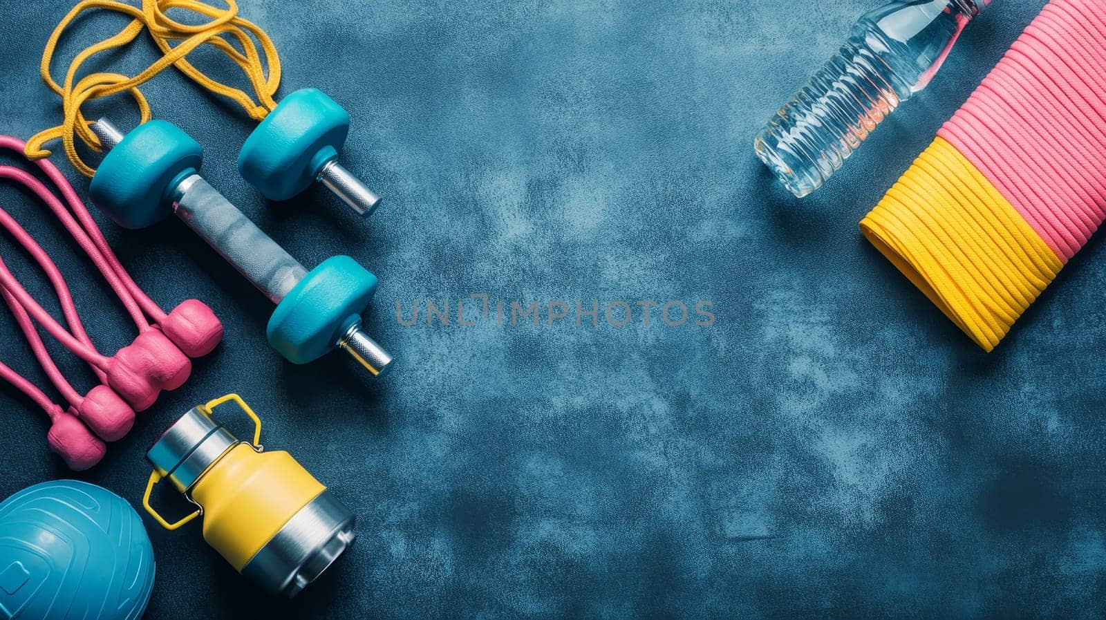 Vibrant workout accessories including dumbbells, jump rope, and water bottle arranged on blue surface, promoting active and healthy lifestyle.