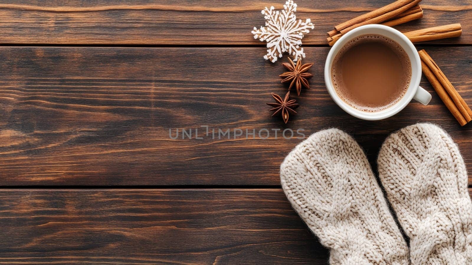 Warm cup of cocoa with cinnamon sticks, star anise, and knitted mittens on rustic wooden table, snowflake decoration for winter comfort.