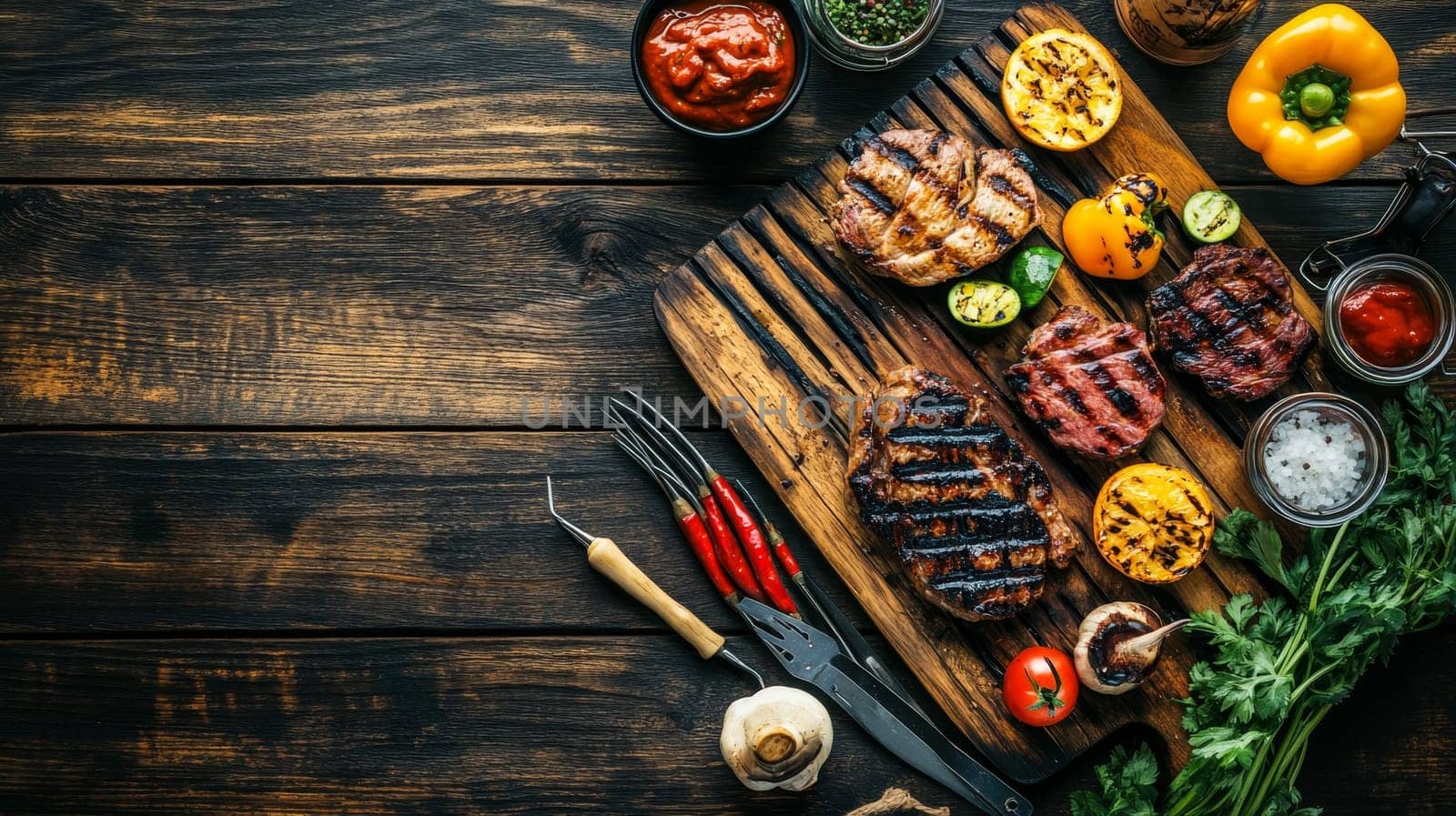 Assortment of grilled meats and vegetables on a wooden board with various sauces, offering a delicious barbecue spread with copy space.