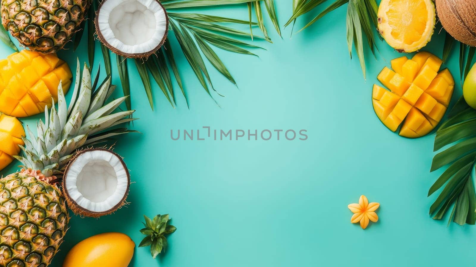Colorful tropical fruits including pineapple, mango, and coconut arranged with palm leaves on vibrant turquoise background, creating a frame with copy space.