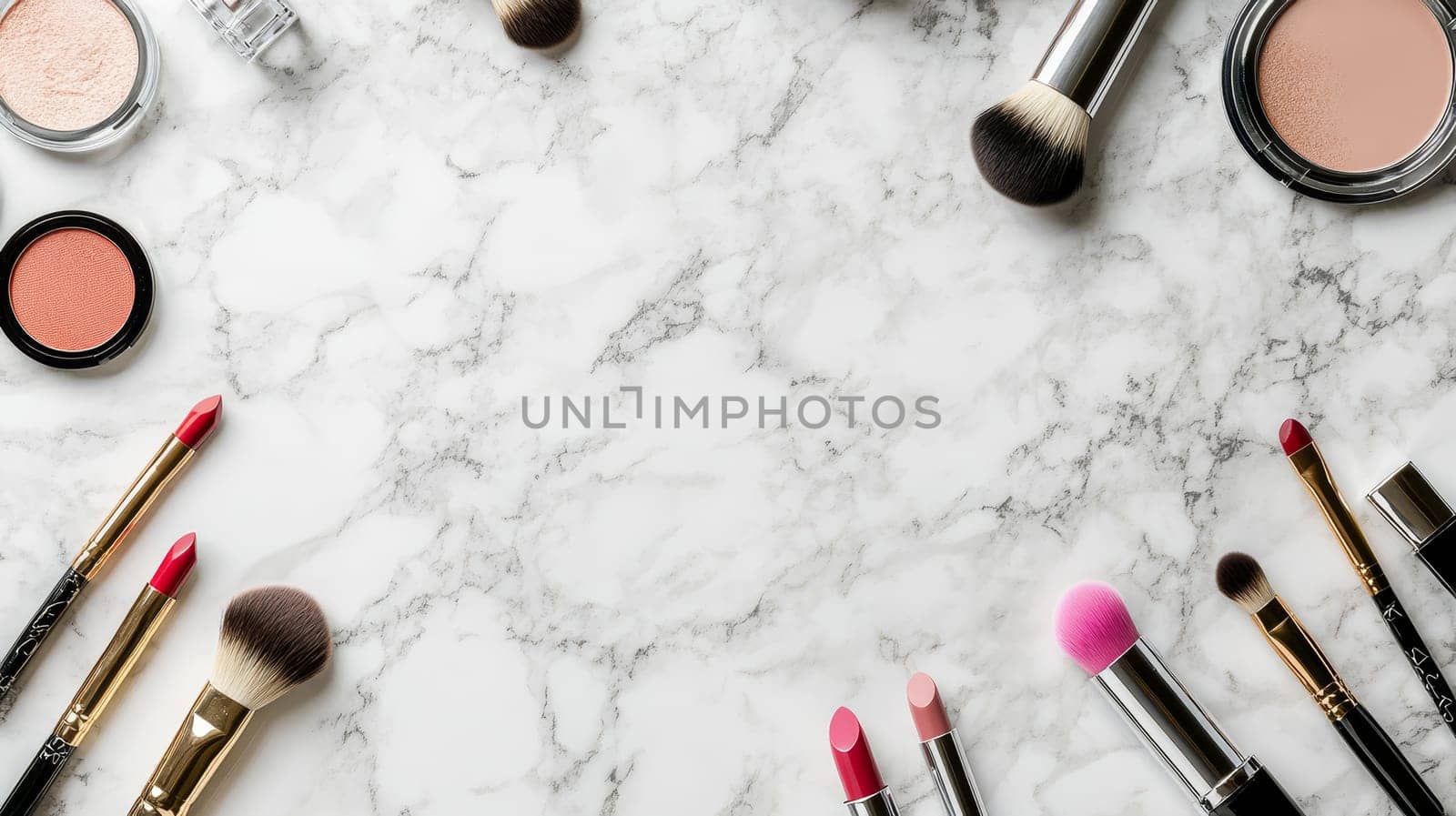 Various makeup items and brushes arranged on white marble surface, showcasing beauty products with ample copy space.