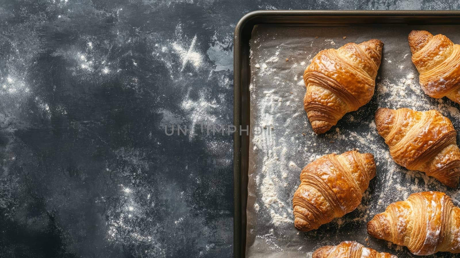 Golden brown croissants on a baking tray with flour dusting, set against a dark moody background with copy space for text.
