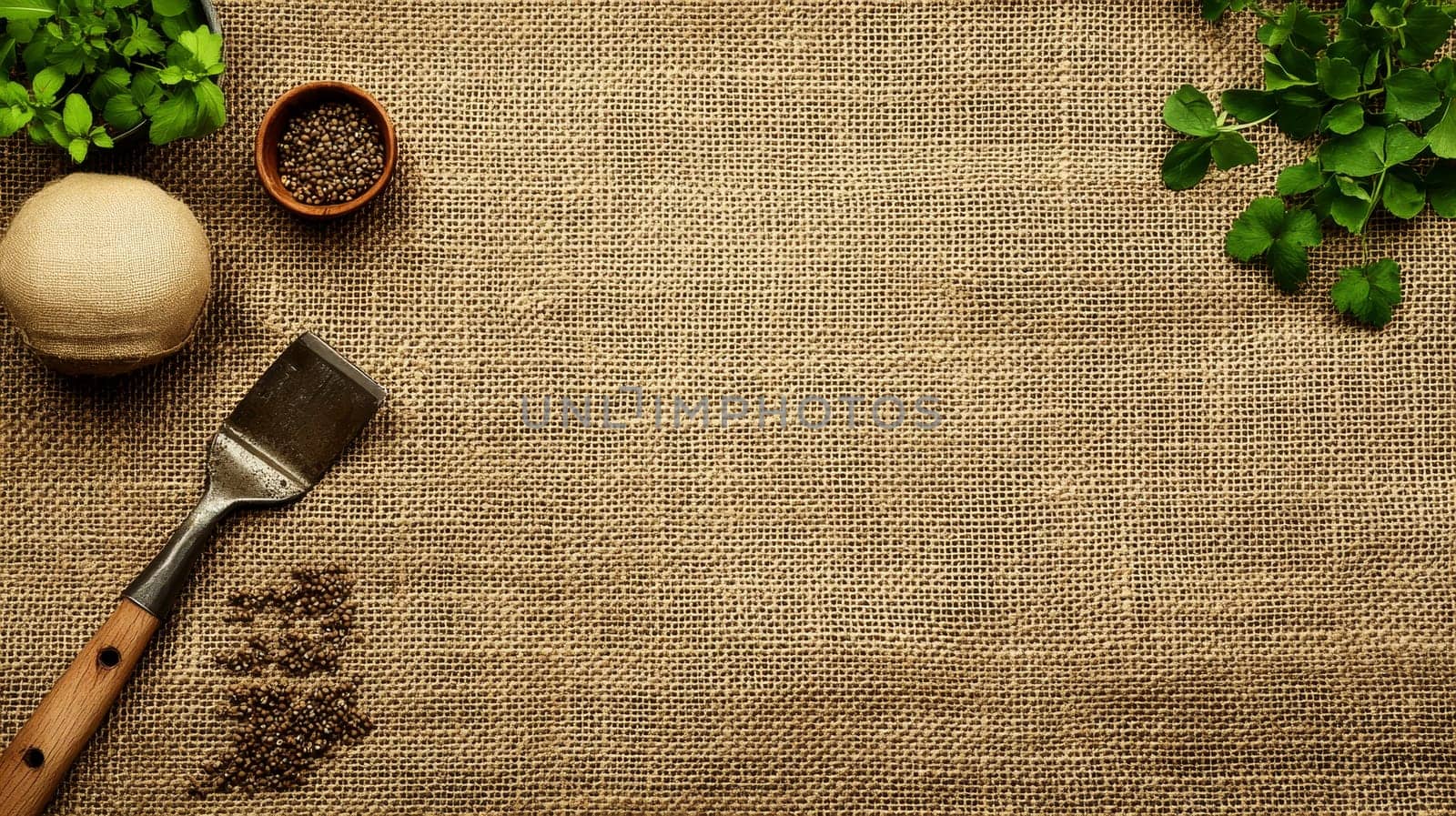 Fresh herbs, wooden spoon, and bowl of spices arranged on natural burlap background with copy space for culinary and cooking concept.