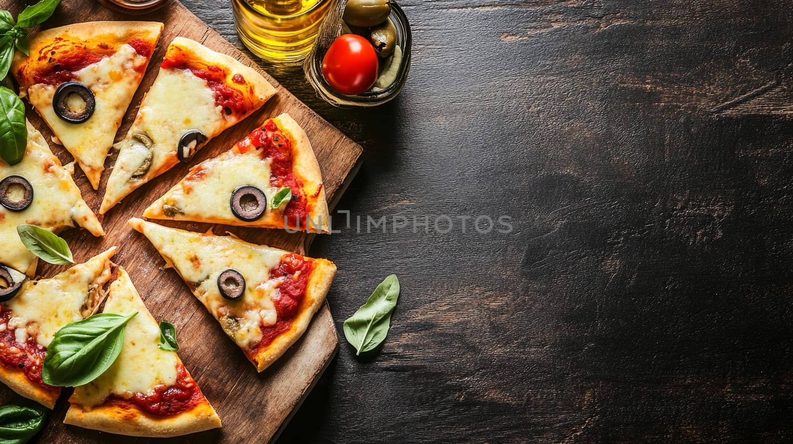 Delicious pizza slices with melted cheese, olives, and basil on a rustic wooden board with ingredients and copy space, perfect for Italian cuisine concept.