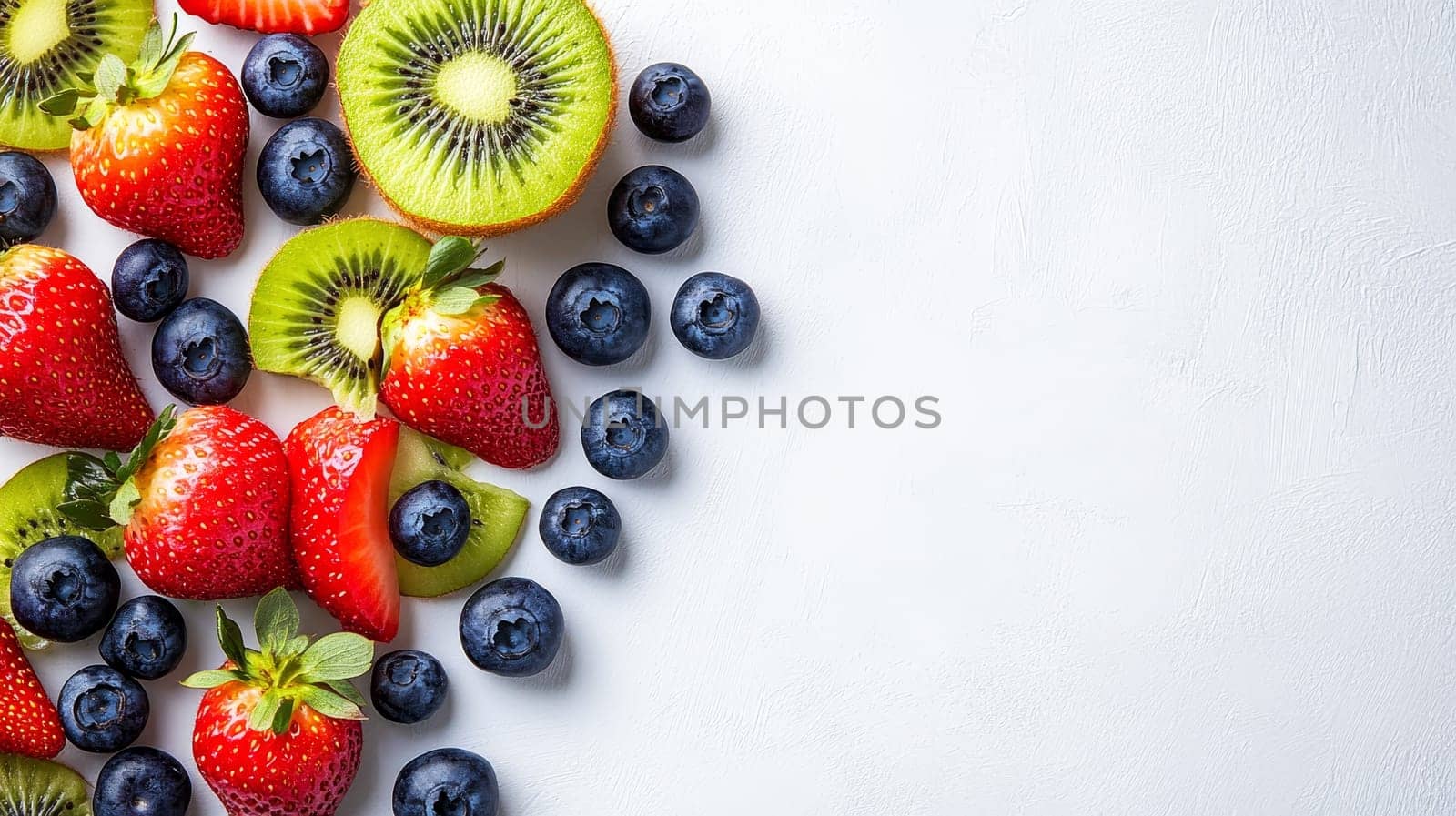 Assortment of fresh summer berries including strawberries, blueberries, and kiwi slices arranged on white background with ample copy space.