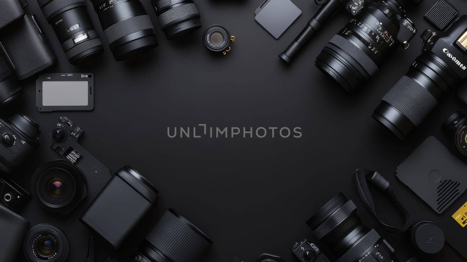 Various camera lenses and accessories arranged on black surface, showcasing professional photography gear with copy space.