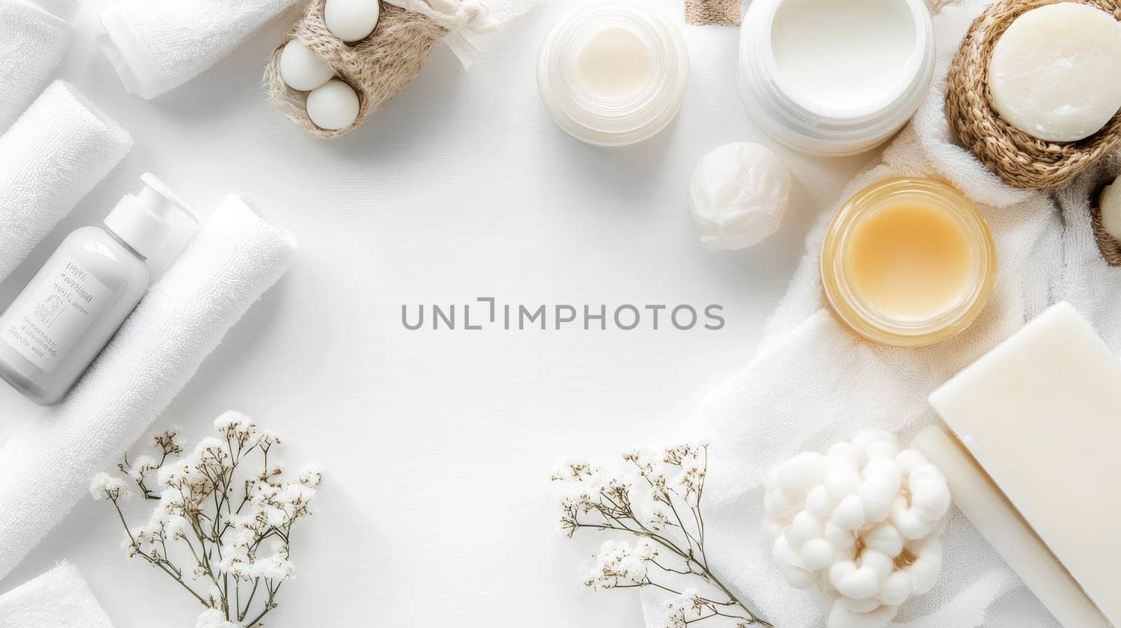 Minimalist flatlay of white skincare products, cotton pads, and delicate flowers on a light background with ample copy space.