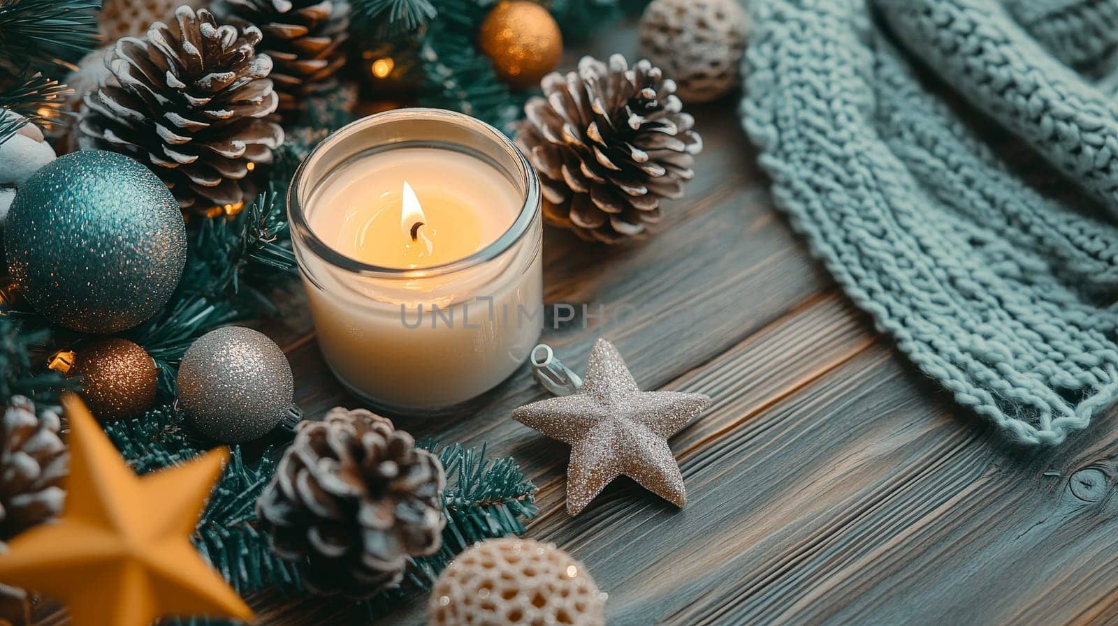 Lit candle in glass jar surrounded by pine cones, ornaments, and knitted fabric, creating warm and festive holiday atmosphere.